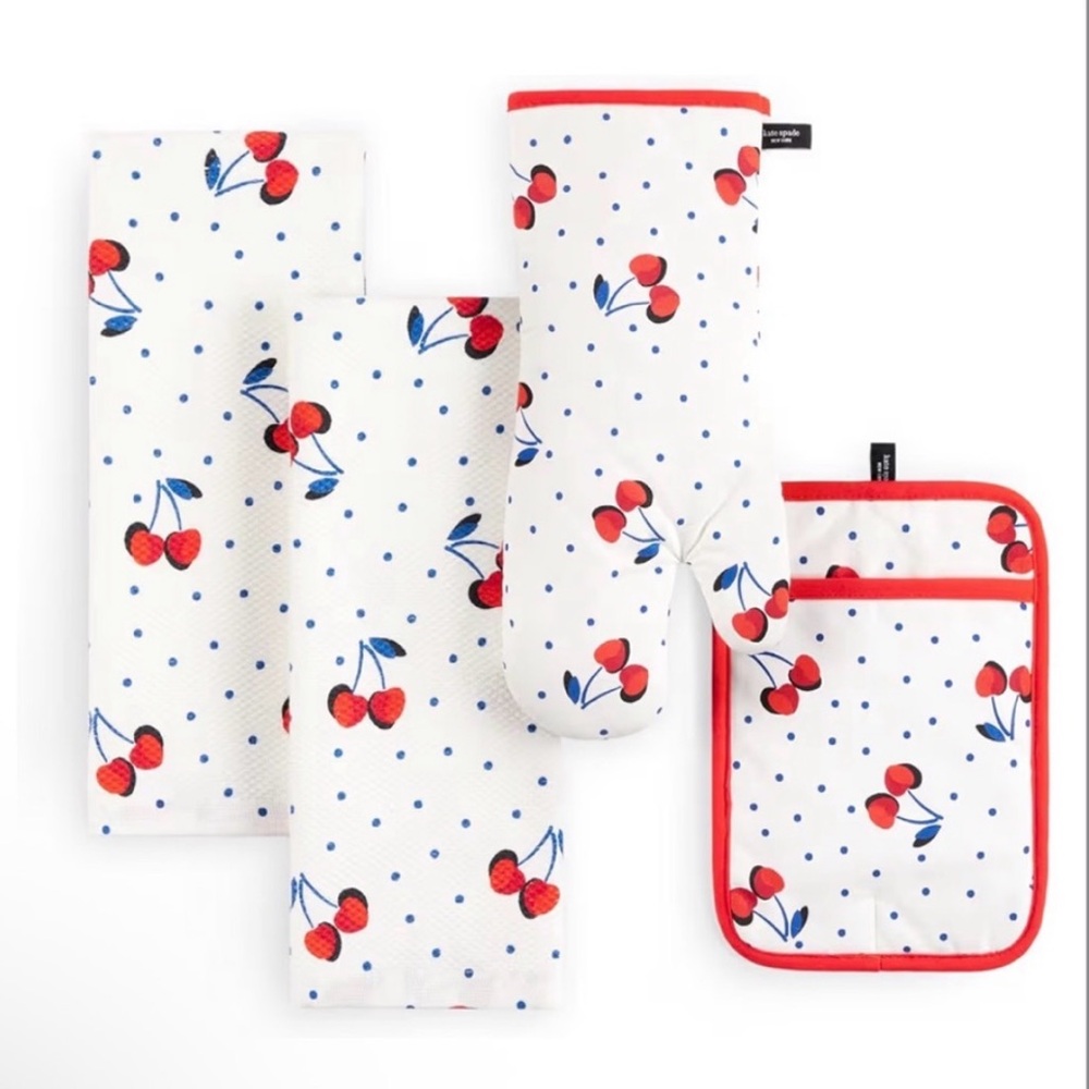 Kate Spade NY cherry dot kitchen towels oven mitt and pot holder 4-pack set